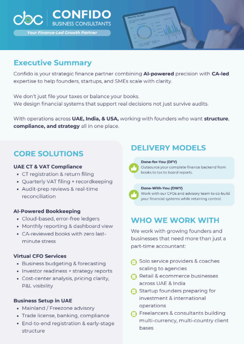 Confido lead magnet executive summary PDF covering key compliance and tax advisory services for SMEs