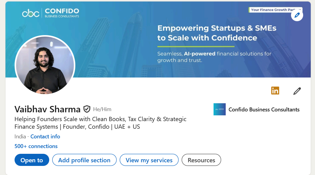 Vaibhav Sharma's LinkedIn founder profile optimized with strategic positioning, banner messaging, and FP&A thought leadership