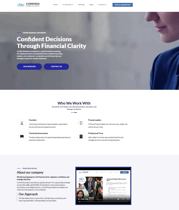 Confido website after Content Vista's redesign with clear service segmentation, structured lead capture, and conversion-optimized layout