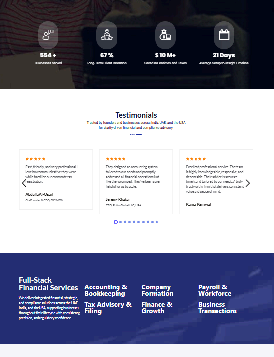 Confido website services and testimonials sections with structured layout and client social proof