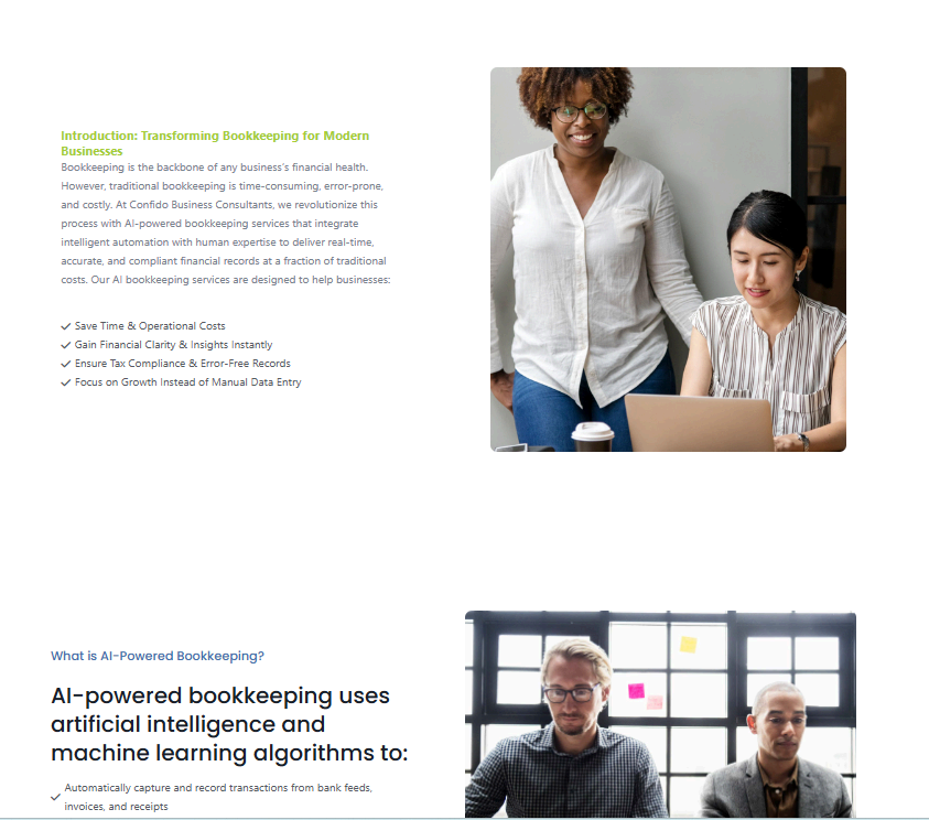 Confido AI-Powered Bookkeeping service page with detailed feature breakdown and lead capture CTA