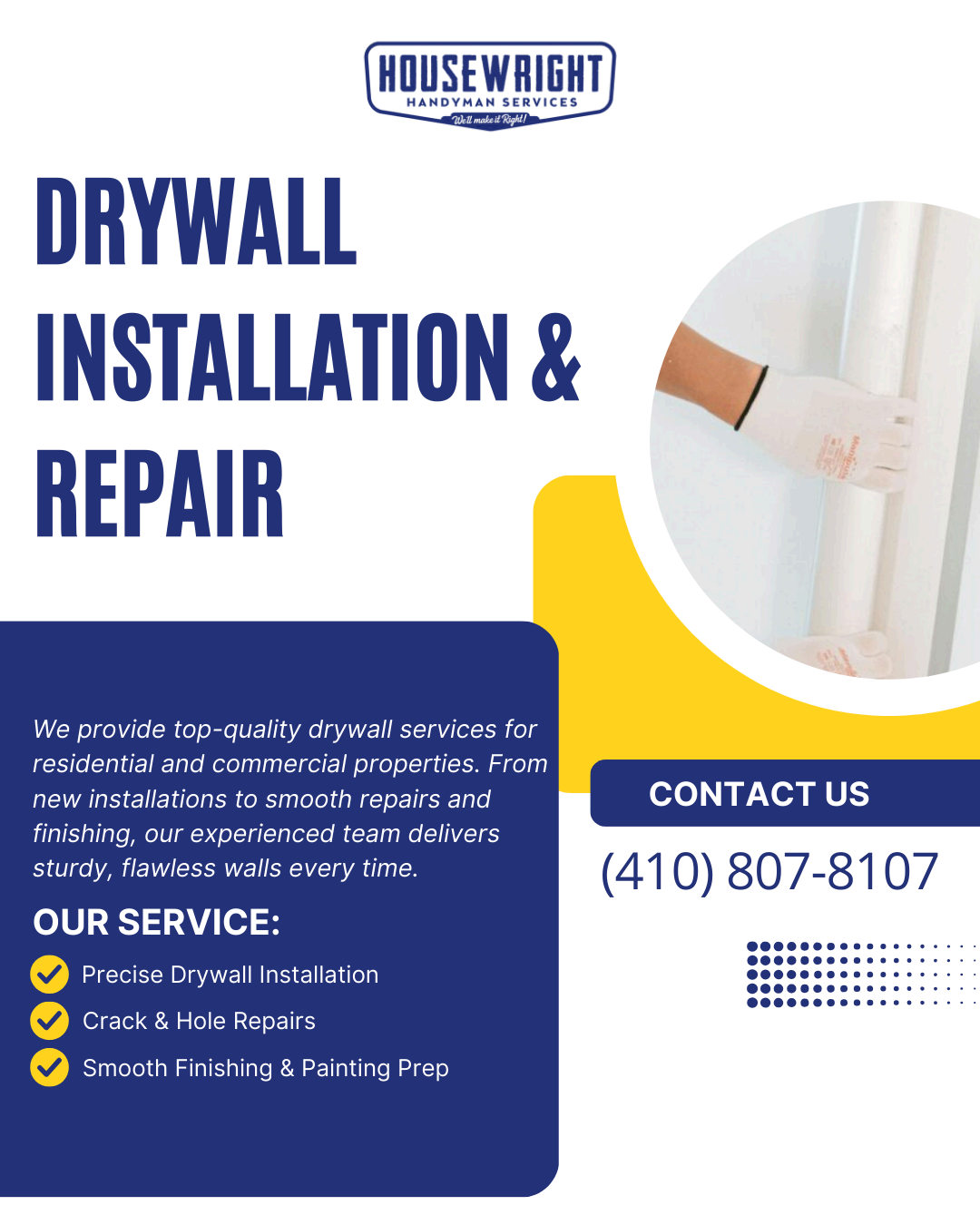 Housewright ad creative promoting professional drywall installation and repair services in Baltimore