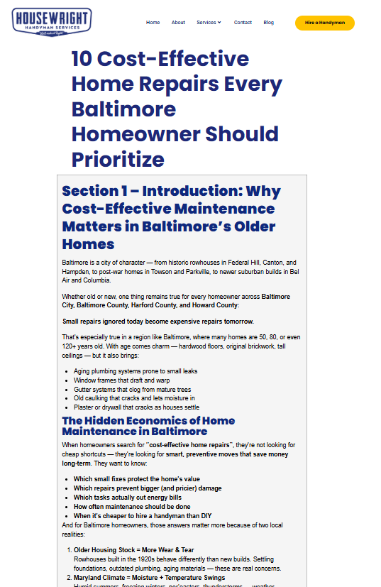 SEO blog article titled '10 Cost-Effective Home Repairs for Baltimore Homeowners' targeting local seasonal search queries