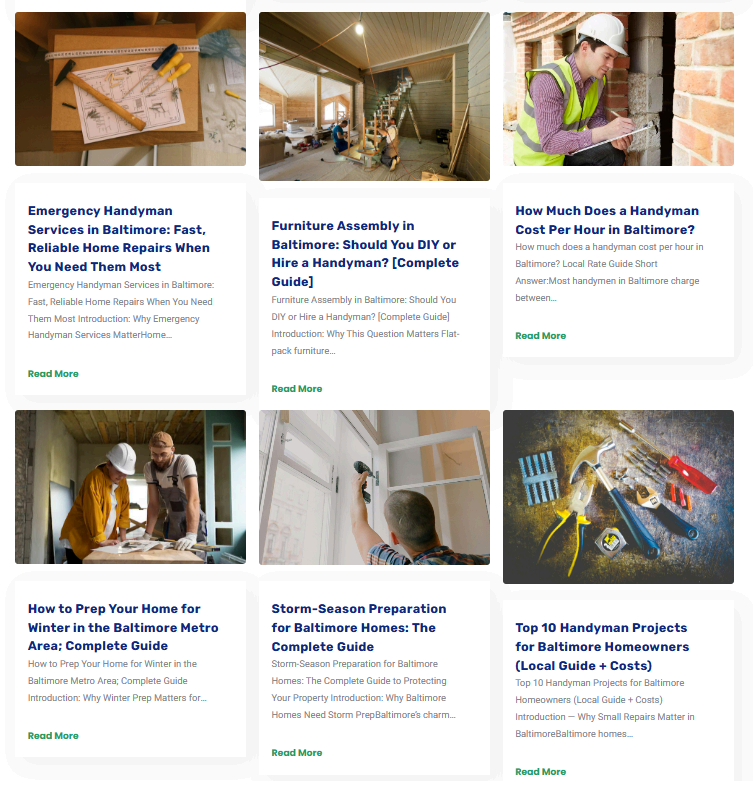 Blog content grid showing 6 published SEO articles covering local handyman services and seasonal maintenance topics