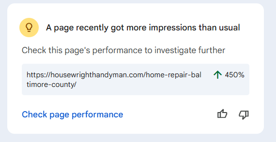 Search Console data showing a 450% impression spike for Housewright's home repair service page in Baltimore