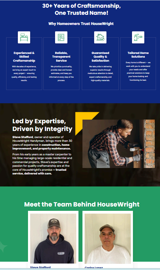 Housewright about section highlighting Steve Stafford's 30+ years of construction and home improvement expertise