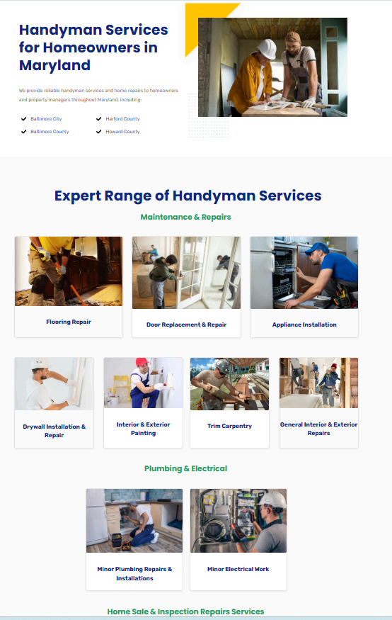 Housewright services page with clear categorization of drywall, plumbing, window installation, and maintenance services