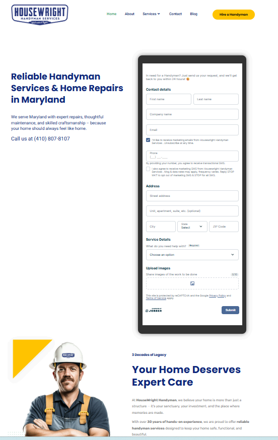 Housewright Handyman website after Content Vista's redesign with prominent lead capture form, clear service categories, and trust signals
