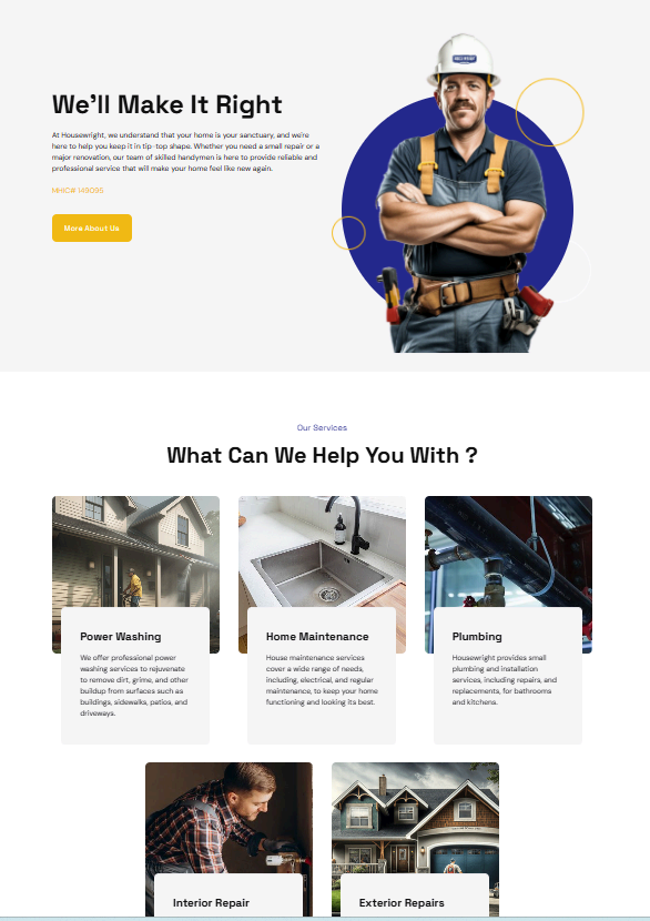Housewright Handyman website before redesign showing a generic layout with no lead capture form and unclear service positioning