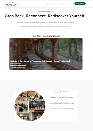 Namoham website events section displaying upcoming retreats and workshops with Request Invite CTAs