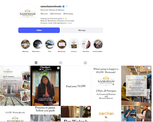 Namoham Retreats Instagram profile showing curated wellness content, reels, and event promotion posts