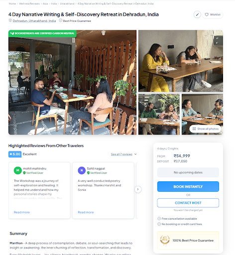 Namoham retreat listed on BookRetreats.com with 5-star reviews and booking interface for Dehradun retreat