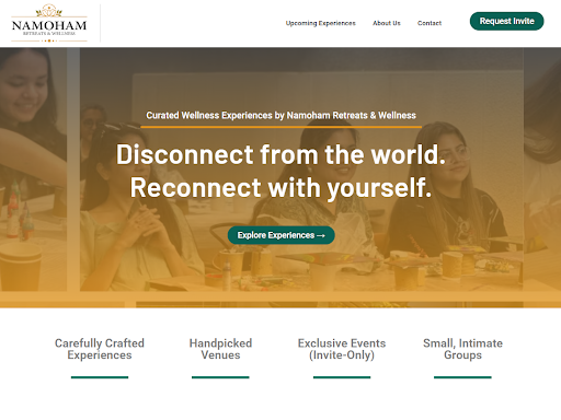 Namoham Retreats & Wellness website homepage featuring curated wellness experiences and retreat booking interface